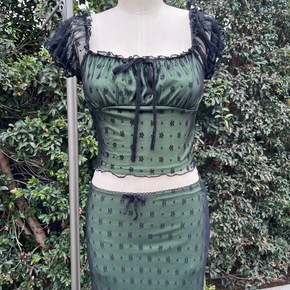 Cider Green Black Floral Mesh Two Piece Skirt Top Set Whimsygoth Emo Goth S/M - Picture 2 of 11